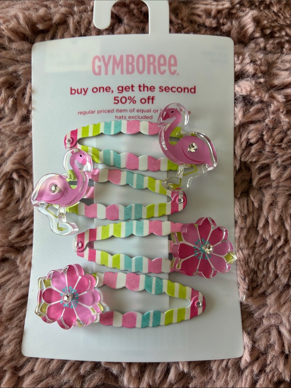 Gymboree Pink Flamingo & Flower Hair Snap Clips with Multicolor Stripes
